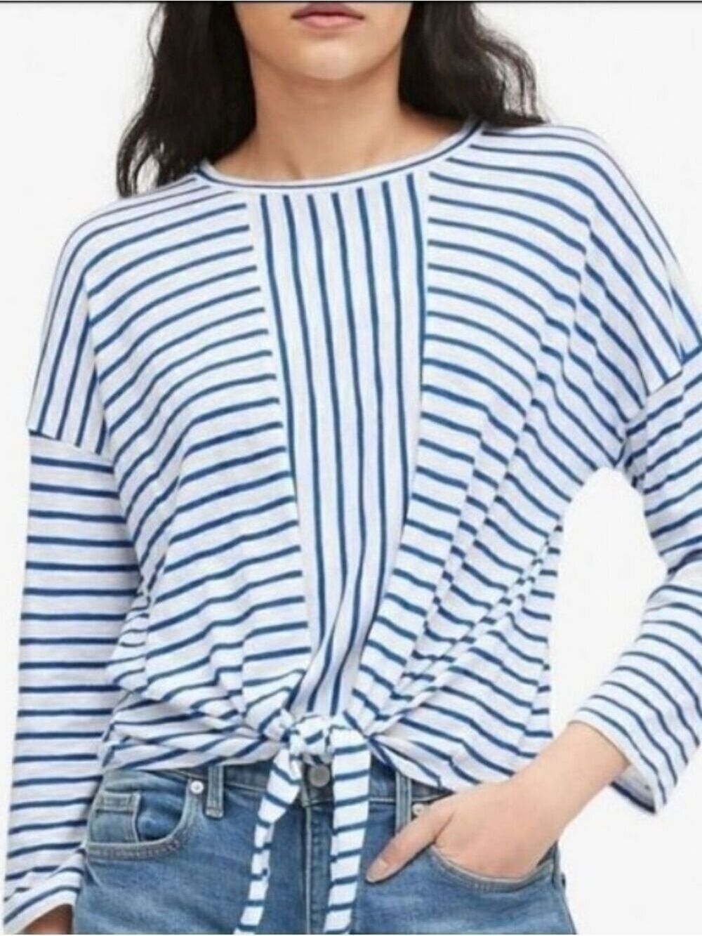 Banana Republic Women's Blue White Stripe Tie Front Long Sleeve Shirt Size Small